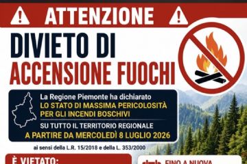 La regione Piemonte comunica che dal giorno 08/07/2026 è stata dichiarata la massima pericolosità per incendi boschivi